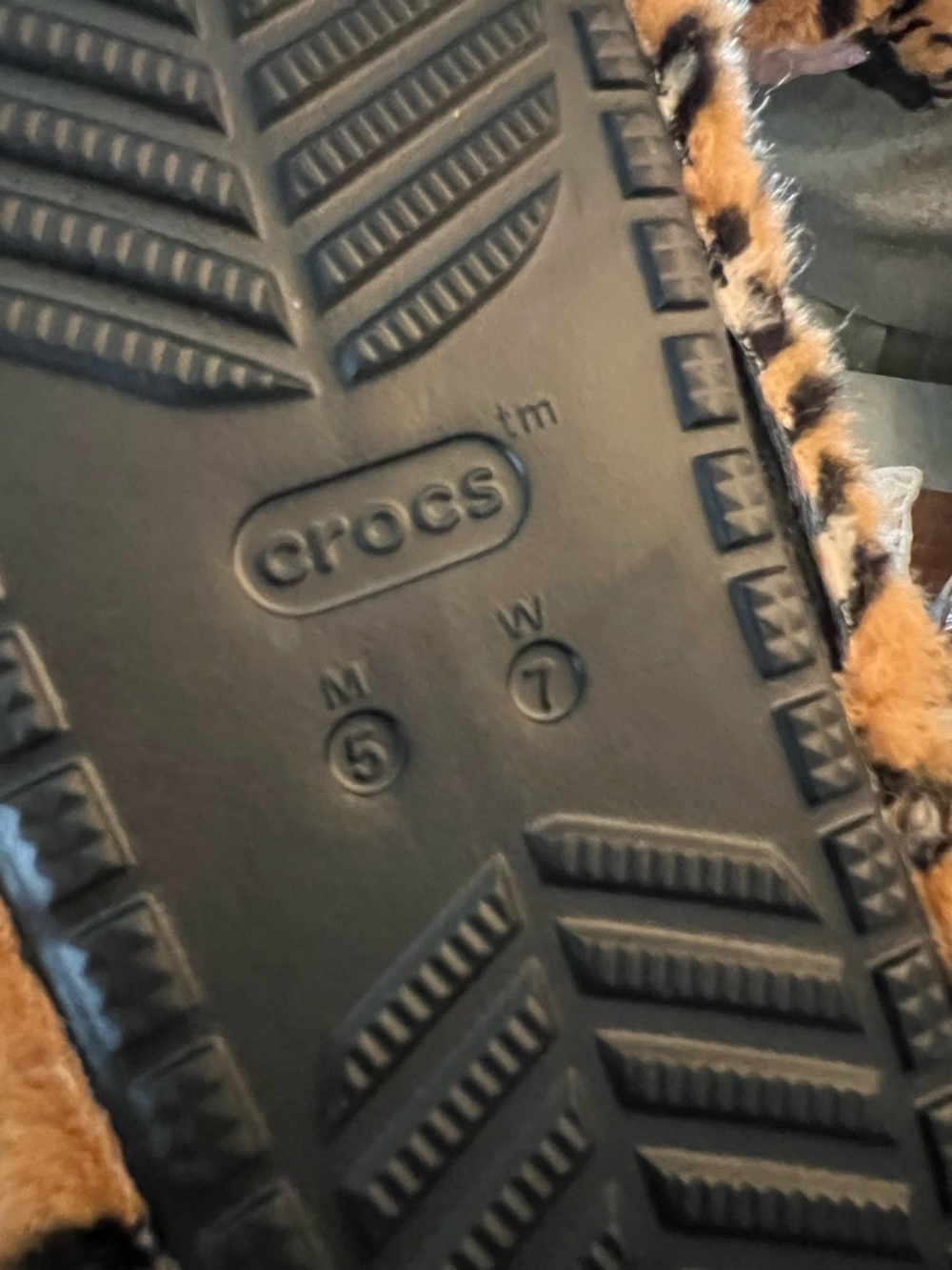 CROCS Leopard Print Fuzzy Slide Slippers in Tan and Black - Picture 6 of 6